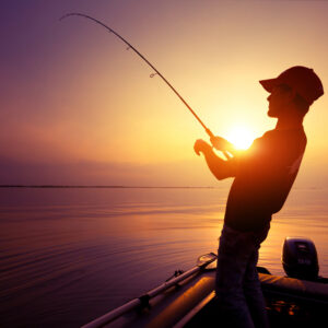 Young,Man,Fishing,On,Wide,River,From,The,Boat,At